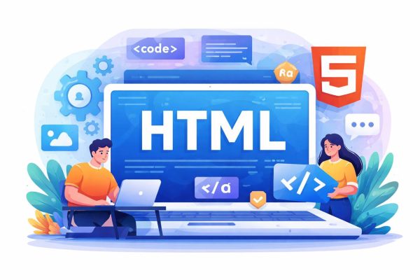 Illustration showing HTML as the foundation of a website, with developers working around HTML code elements on a laptop screen