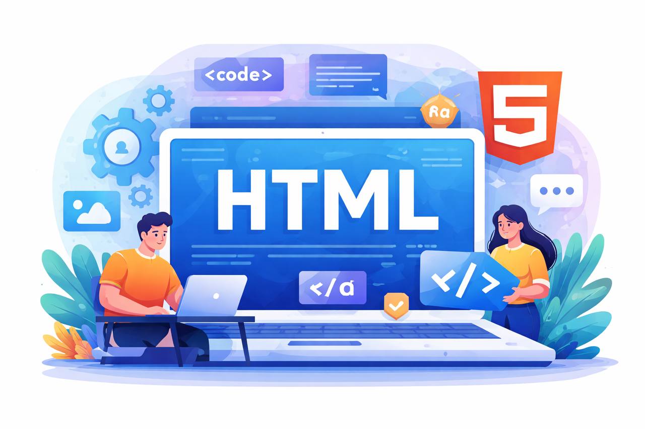 Illustration showing HTML as the foundation of a website, with developers working around HTML code elements on a laptop screen