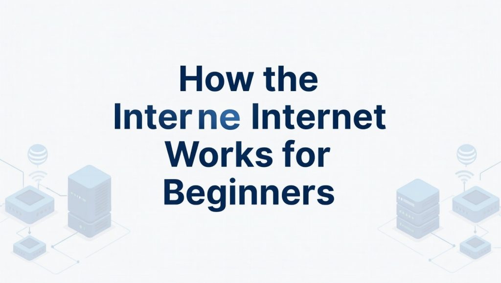 Illustration showing how the internet works, with a user device connected through a router to an internet cloud, servers, and a data center across the world
