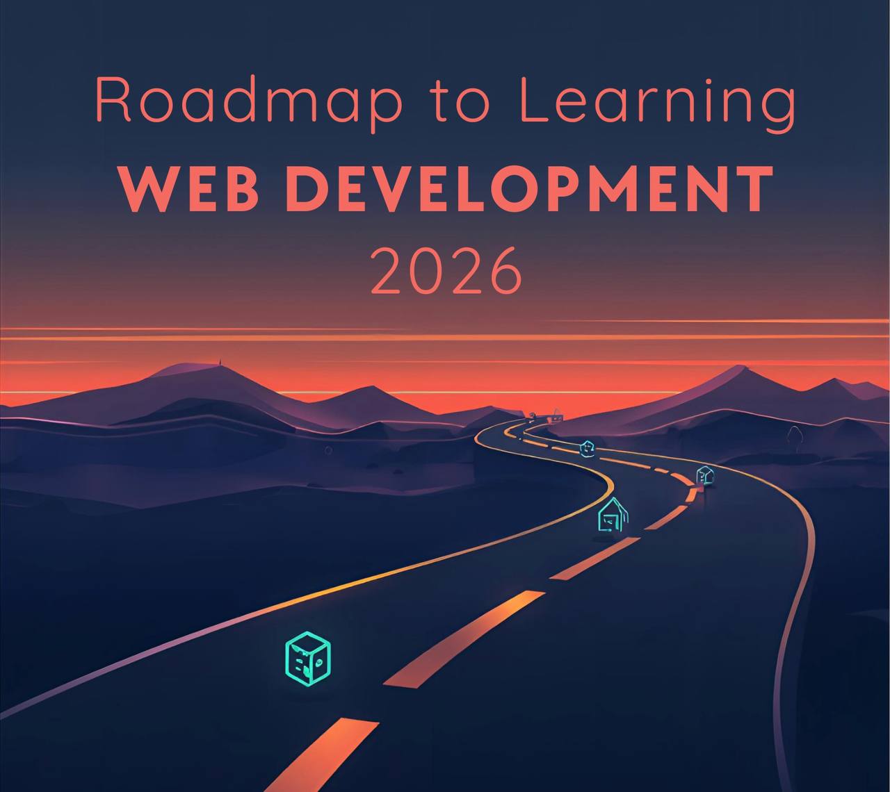 llustrated roadmap to learning web development in 2026, showing a long road through mountains with icons representing coding, frameworks, and modern web technologies.