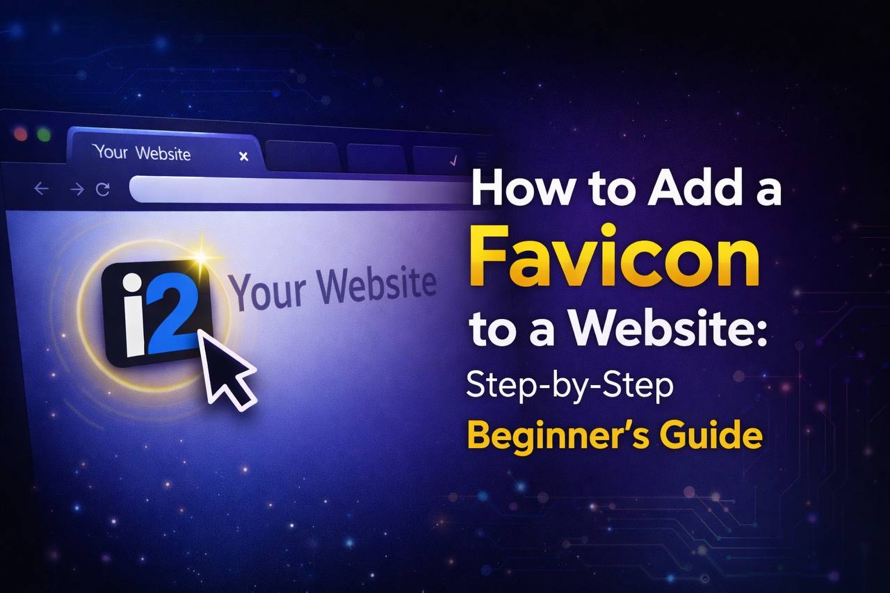 how to add a favicon to a website, featuring a browser tab with an i2 favicon and a cursor clicking it