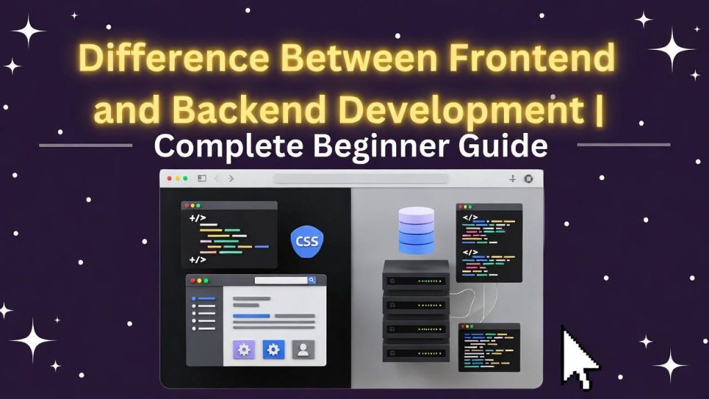 Illustration comparing frontend and backend development, showing user interface on one side and server and database on the other