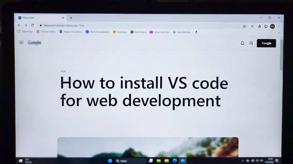 VS Code editor interface shown on a computer screen, illustrating installation and setup for web development beginners