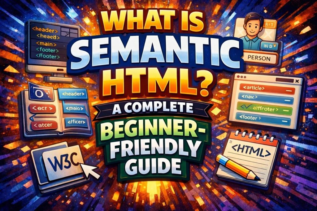 Semantic HTML layout showing header, nav, main, article, aside, and footer elements