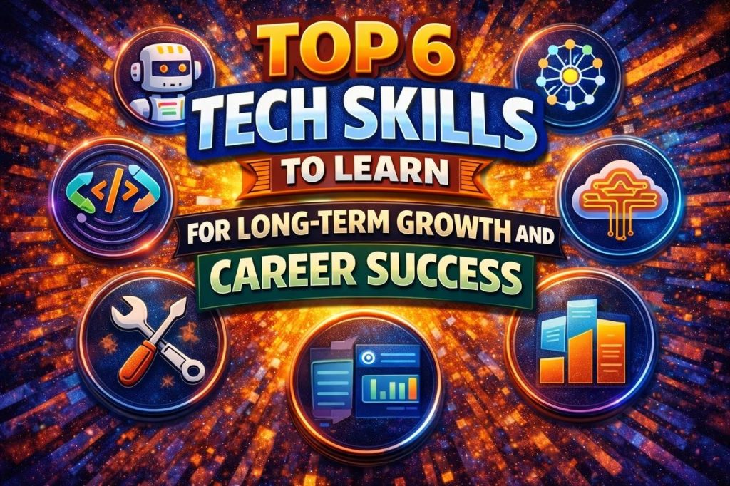 Top six tech skills to learn for beginners including web development, UI UX design, data analysis, digital marketing, cybersecurity, and problem solving