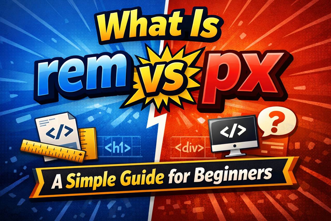 Illustration comparing rem and px CSS units to show how text and layout scale differently on a website