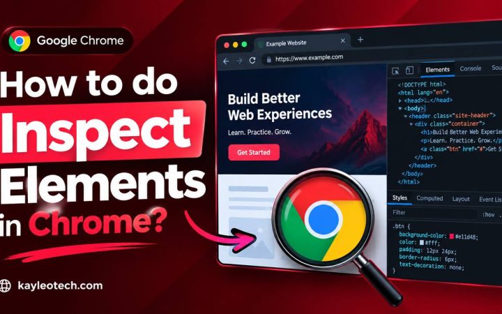 Red and wine thumbnail illustrating how to inspect elements in Google Chrome using Developer Tools.