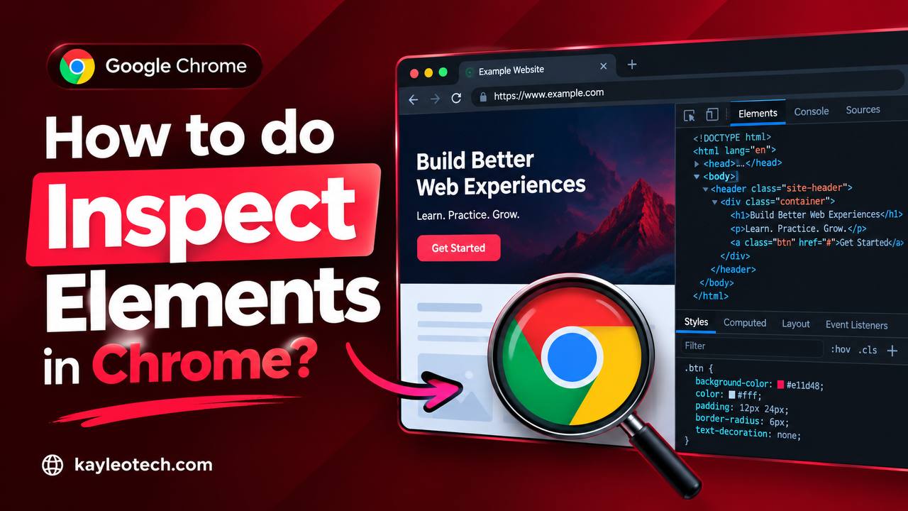 How to do inspect elements in Chrome? Red and wine thumbnail illustrating how to inspect elements in Google Chrome using Developer Tools.