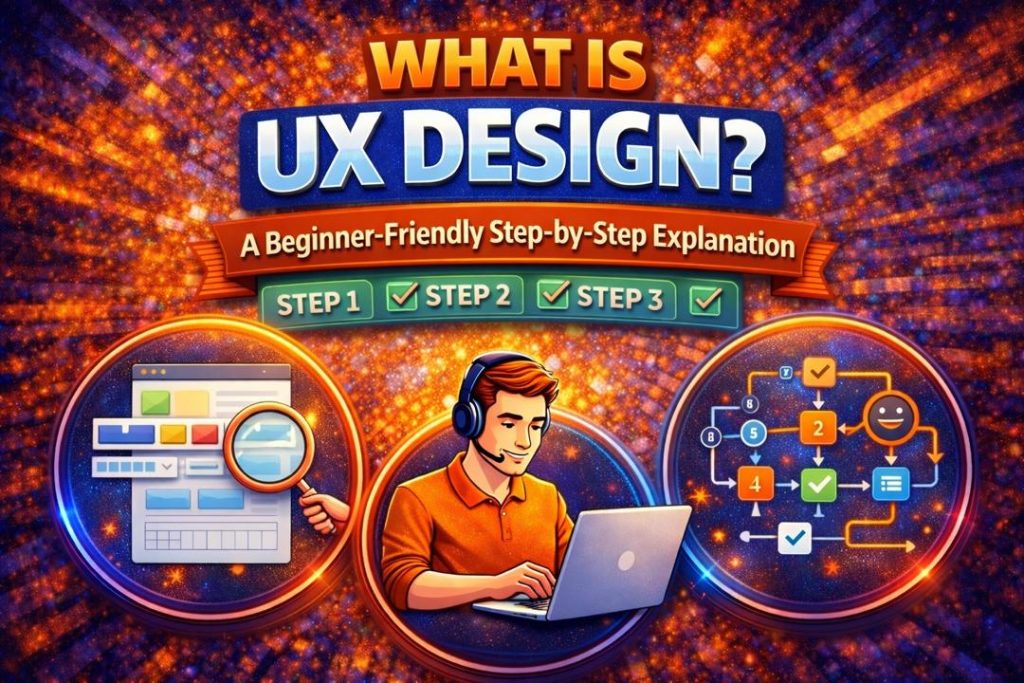 Illustration comparing UX design with visual examples of user flow, wireframes, and interface elements