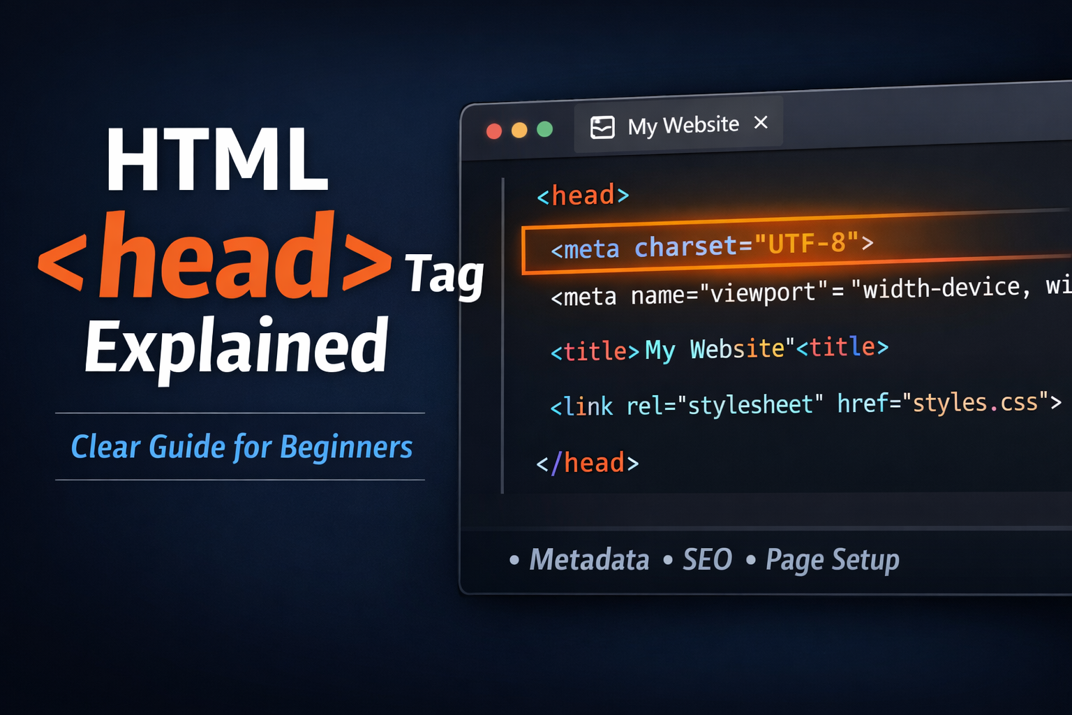 HTML head tag structure showing meta tags, title tag, and linked resources in a code editor