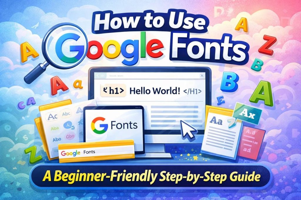 A visual guide showing how to select and apply Google Fonts on a website using HTML and CSS.