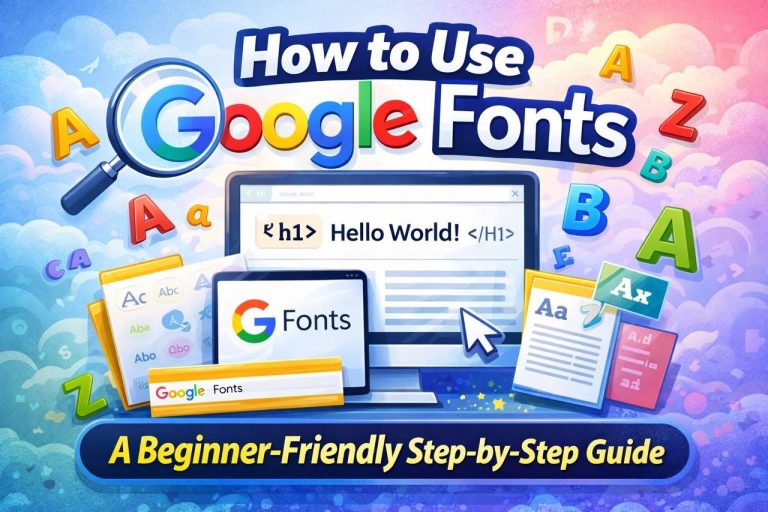A visual guide showing how to select and apply Google Fonts on a website using HTML and CSS.