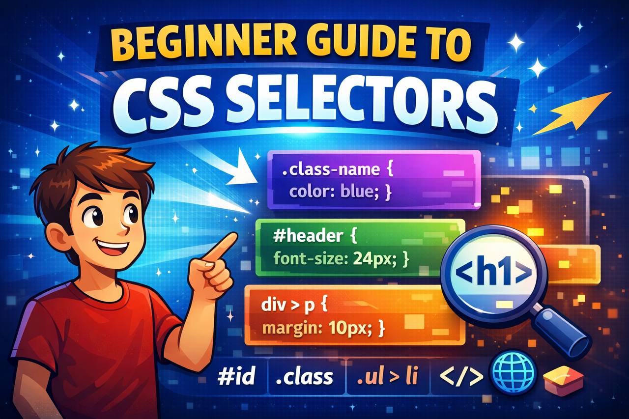 Beginner guide to CSS selectors showing how CSS targets HTML elements with examples
