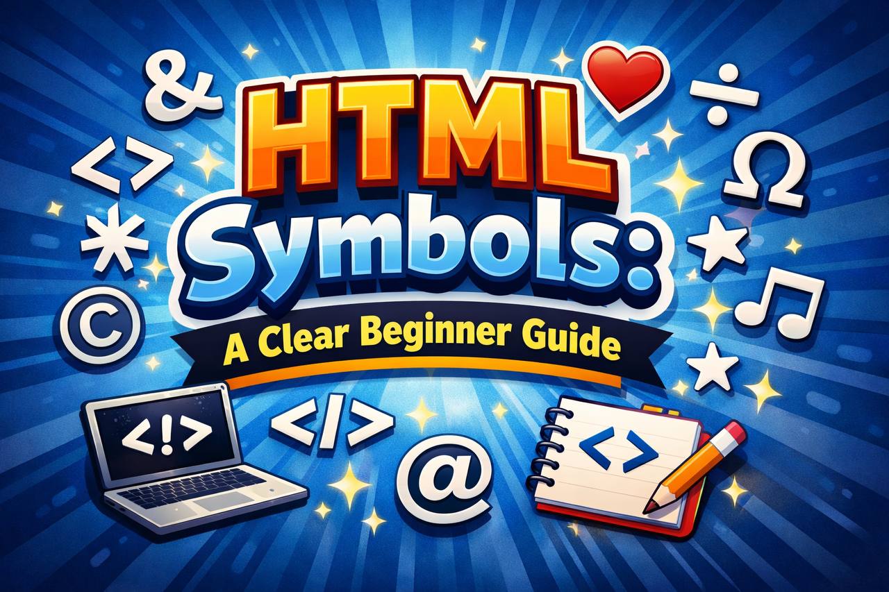 HTML symbols and entities displayed in a code editor and browser preview