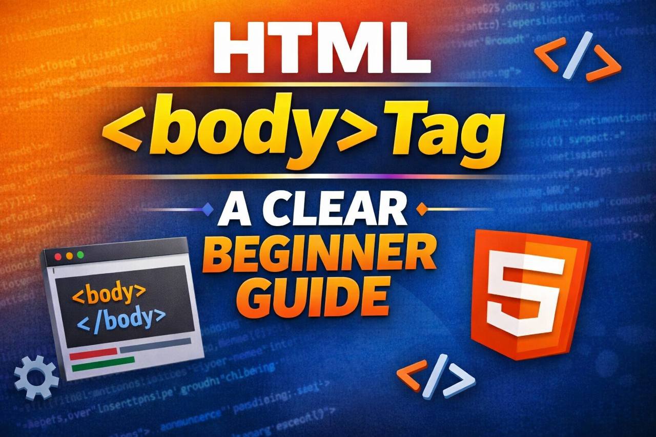 HTML body tag structure showing visible webpage content displayed in browser and code editor