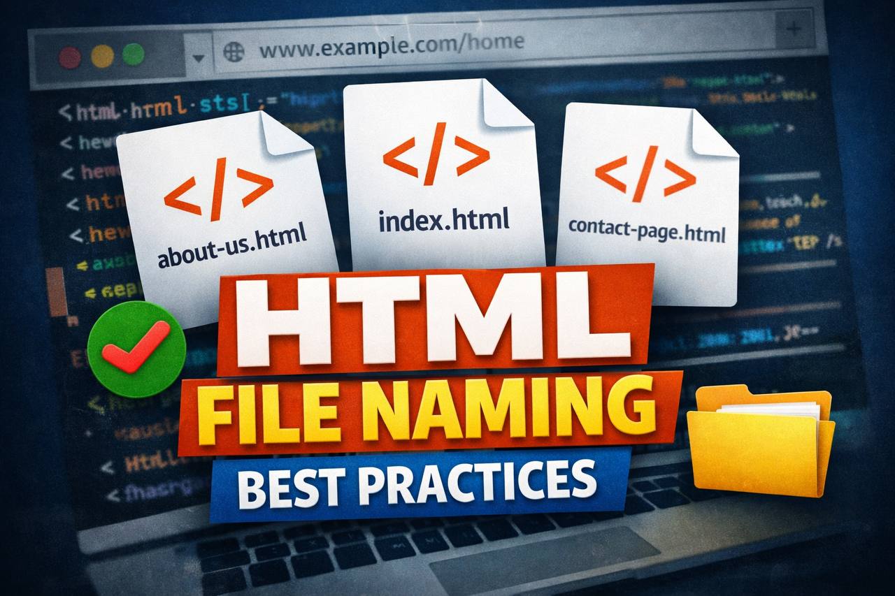 Thumbnail showing three HTML file icons labeled “about-us.html,” “index.html,” and “contact-page.html” with the HTML “” symbol, over a dark blue background with code on a laptop screen. Text reads “HTML File Naming Best Practices.”