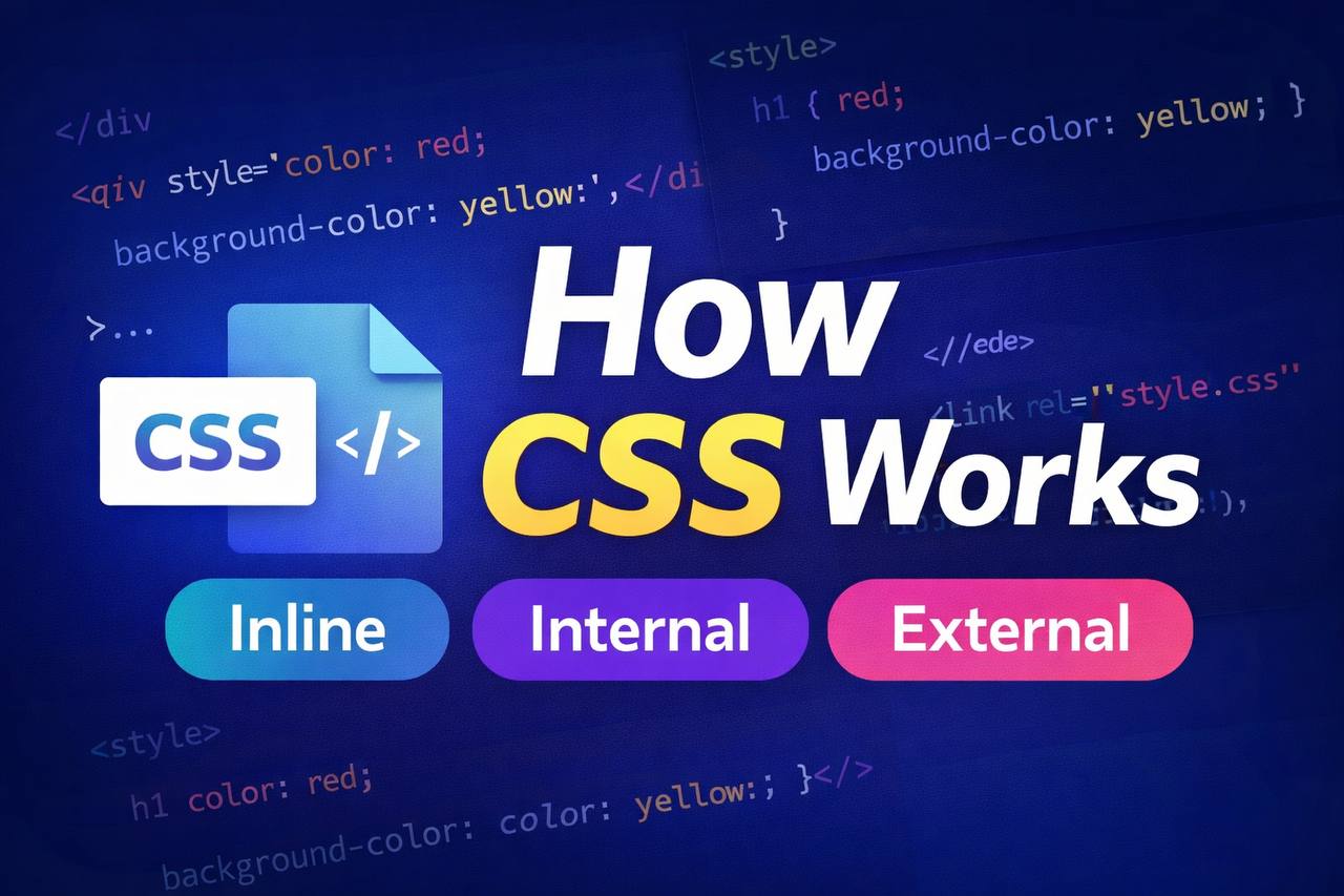 Visual comparison of inline, internal, and external CSS styling methods shown in code editor examples