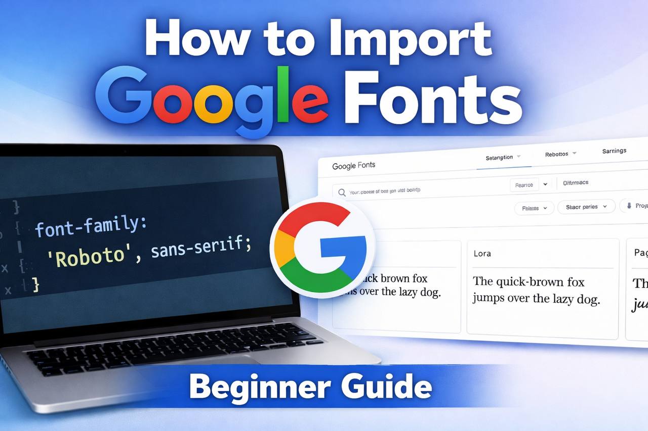 Code editor showing Google Fonts link import with browser preview displaying styled text using custom font