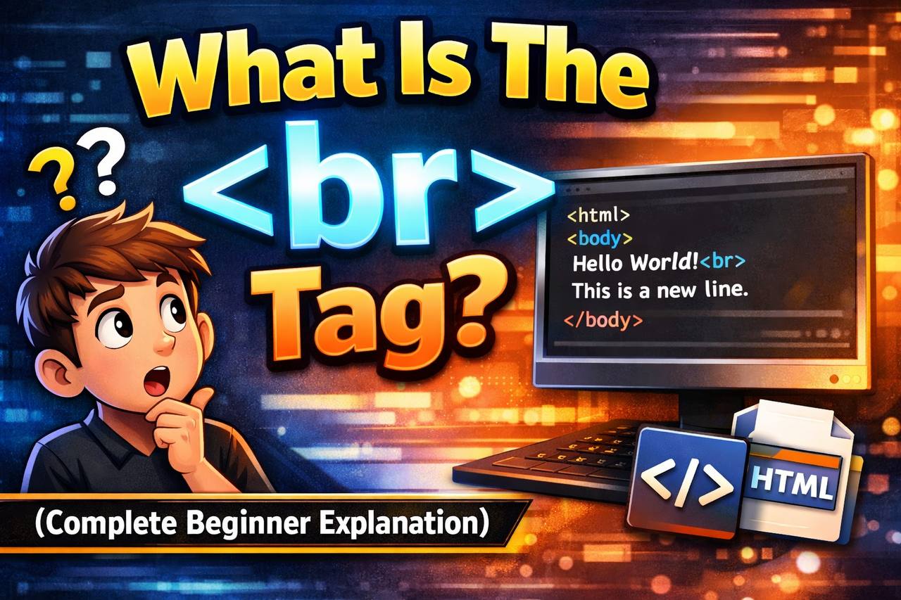 Illustration showing HTML code with a line break tag splitting text into multiple lines on a webpage layout.