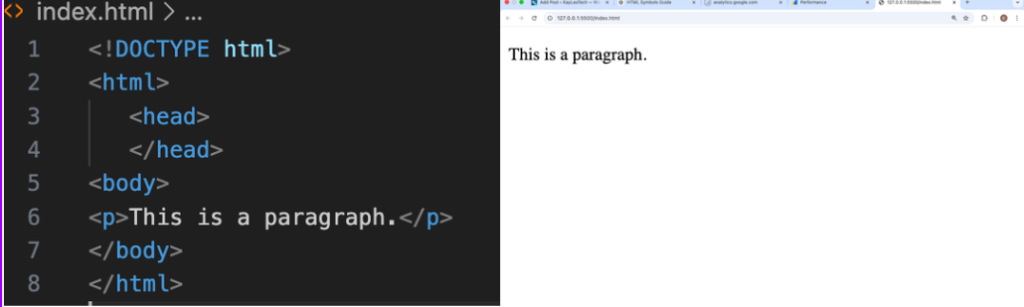 paragraph code in VS Code and rendered text in browser.