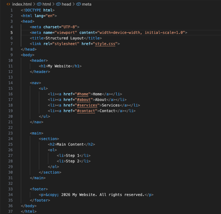 structured layout with header, nav, main, footer.