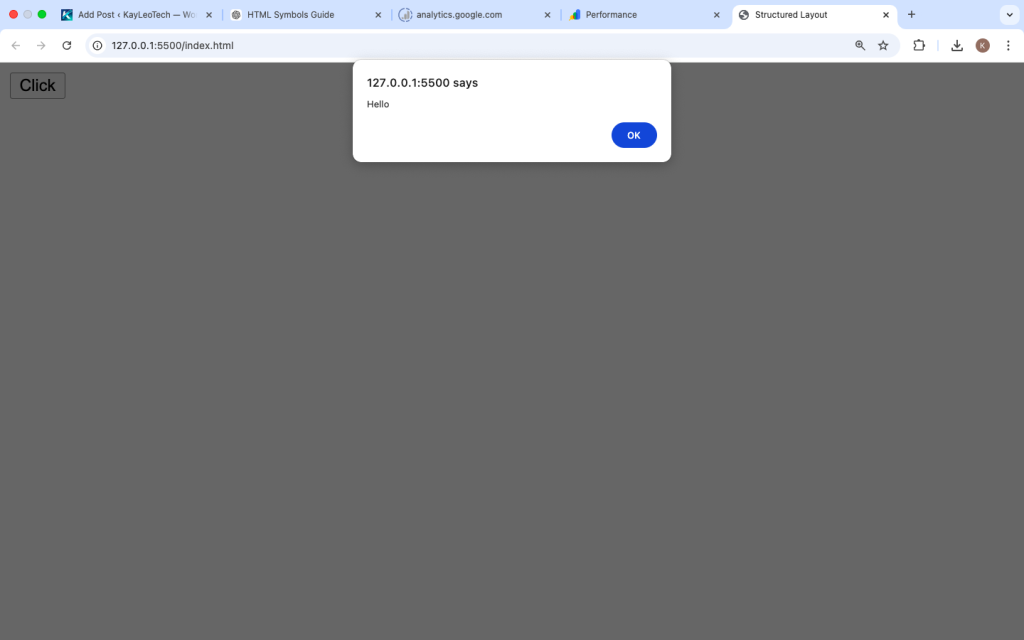 Screenshot Shows alert popup after button click.
