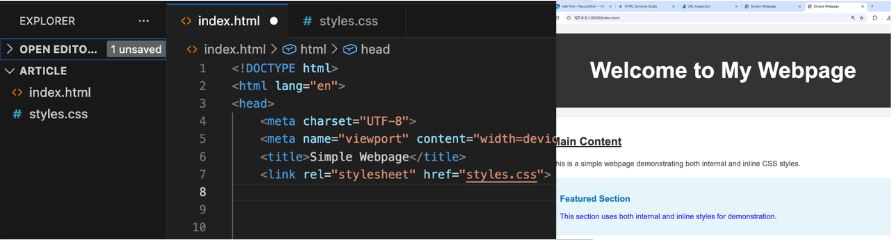 Vs Code showing file path, and a browser view of the html structure