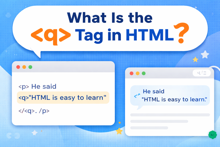 Illustration showing the HTML tag used in a code example to display a short inline quote with automatic quotation marks on a webpage.