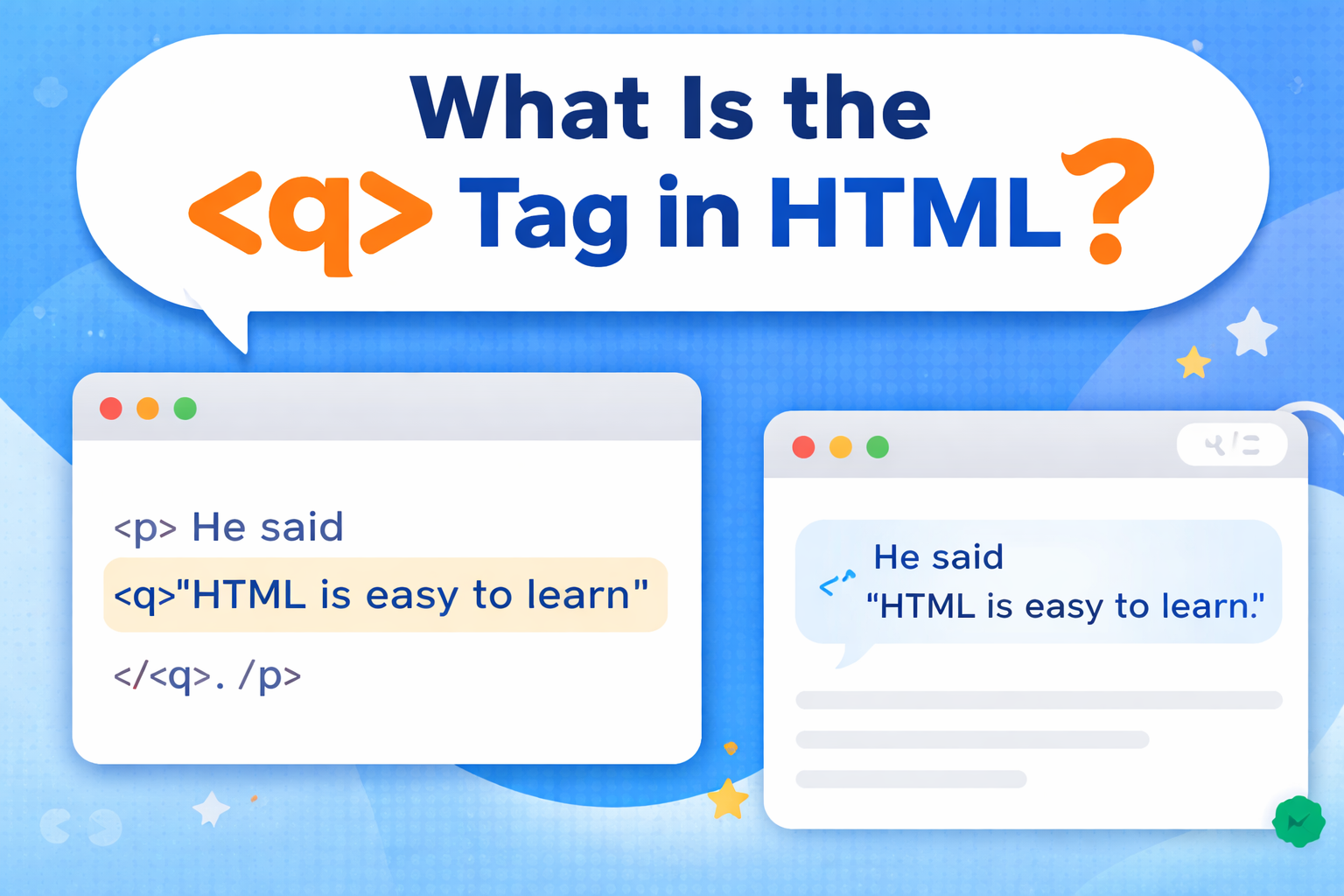 Illustration showing the HTML tag used in a code example to display a short inline quote with automatic quotation marks on a webpage.