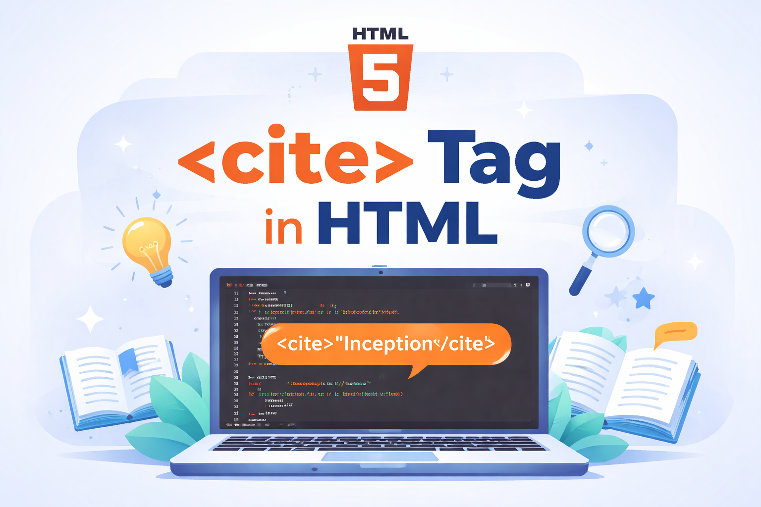 Illustration of HTML tag concept showing code on a laptop screen with books and learning icons representing citing creative works in HTML.