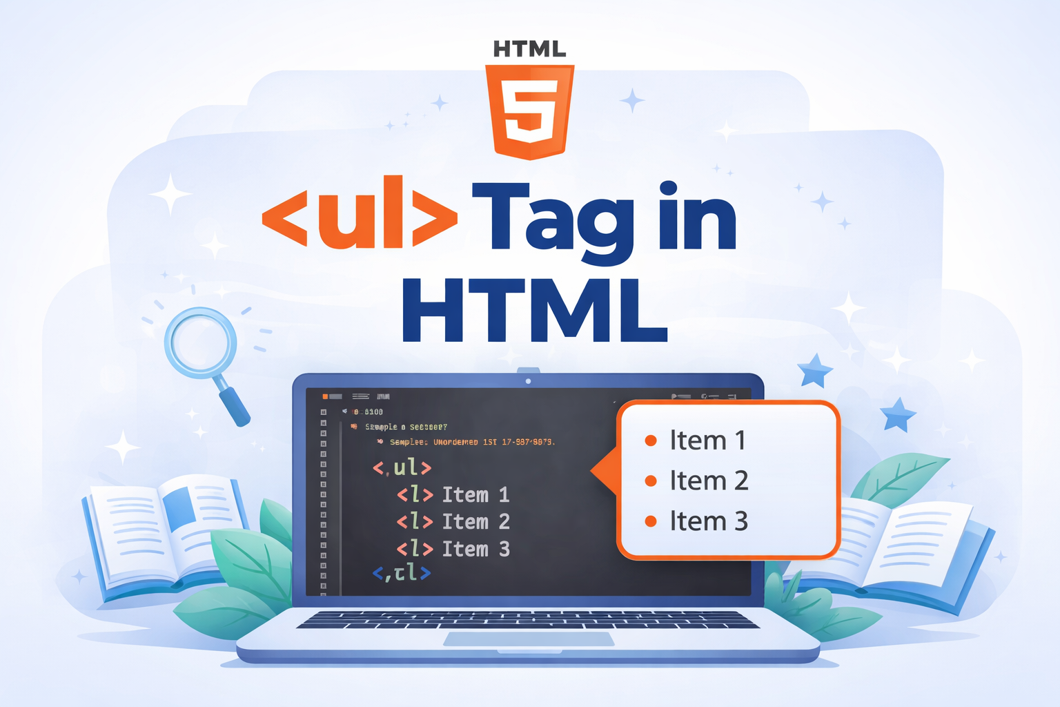 Illustration of HTML tag showing unordered list structure with bullet points displayed on a laptop screen.