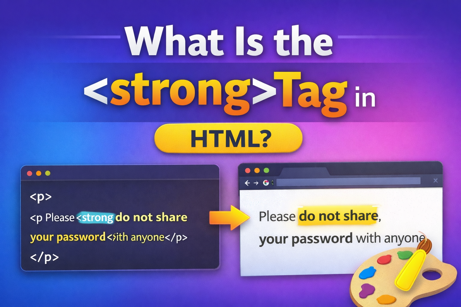 Illustration of HTML code highlighting the tag showing bold important text on a webpage for beginner HTML learning.