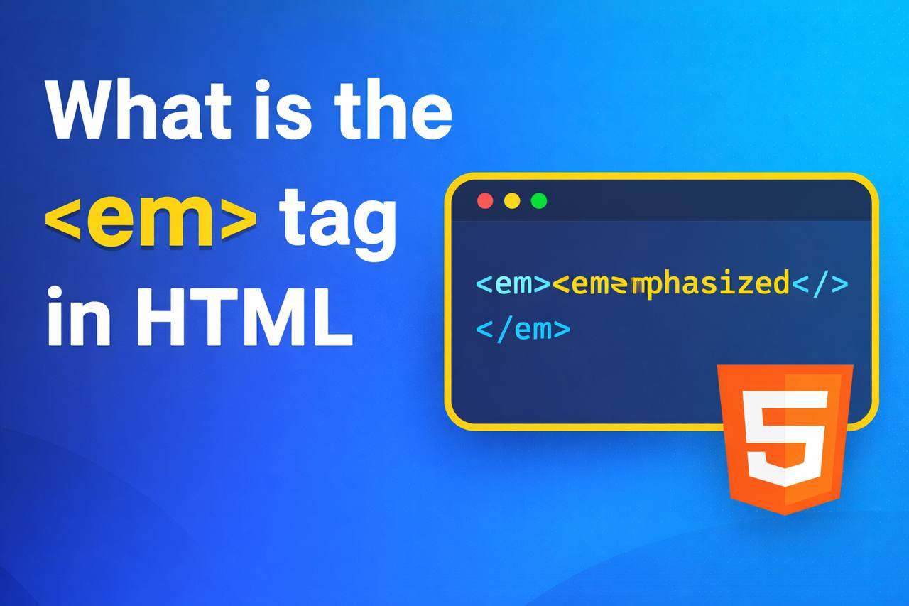 Illustration showing the HTML tag used inside a paragraph to emphasize text on a web page.
