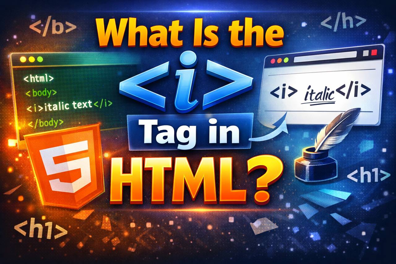 Illustration showing the HTML tag used in a code example to display italic text on a webpage.