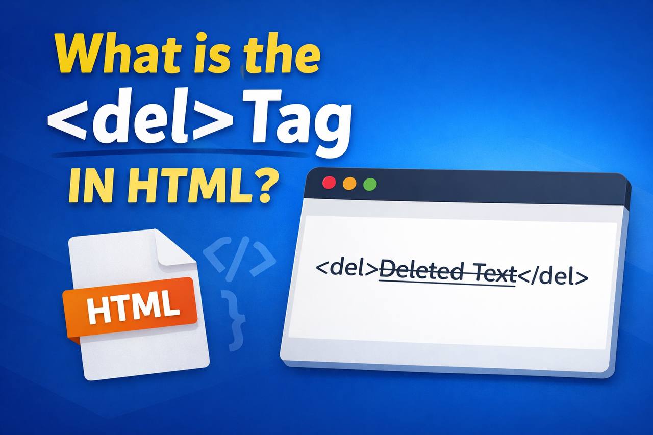 Illustration showing the HTML tag used in a code example to display deleted text with a strikethrough on a webpage.