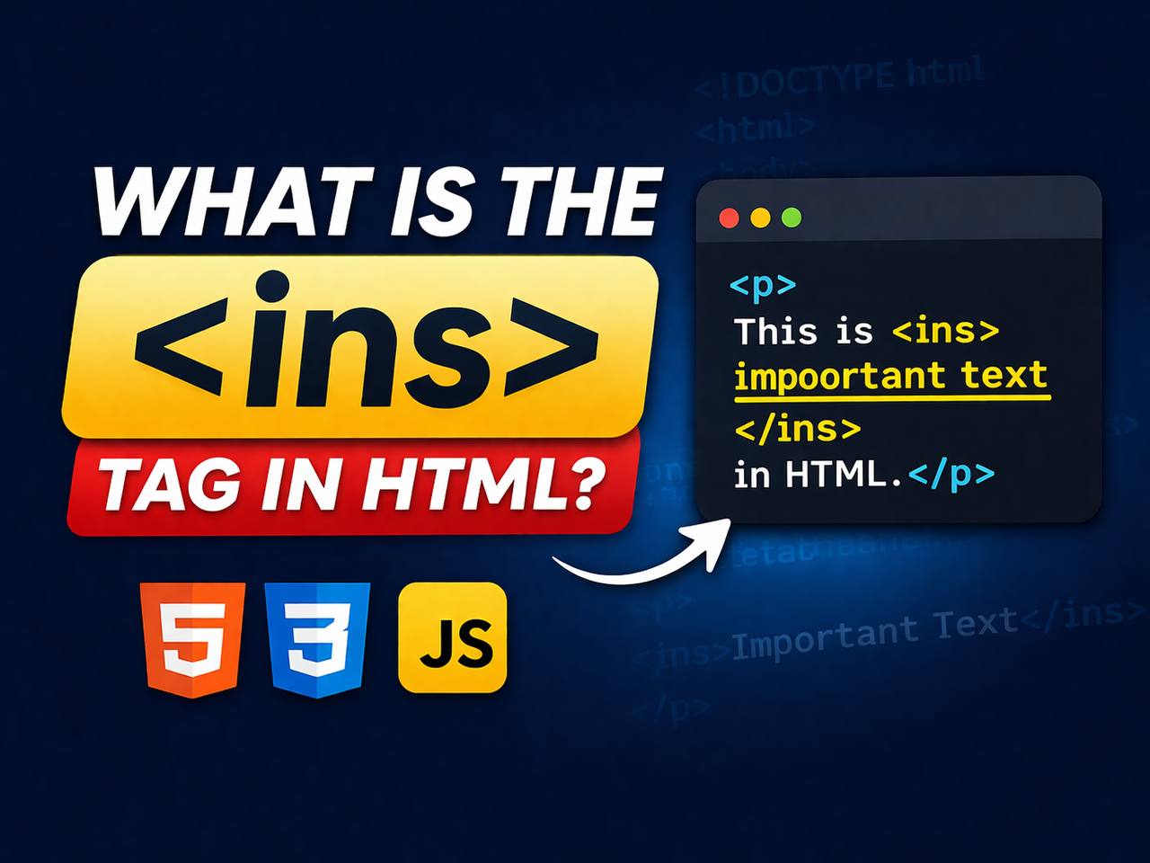 Illustration showing the HTML tag used in a code example to display inserted text with an underline on a webpage.