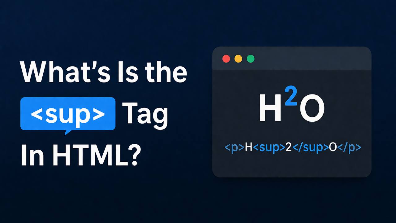 Illustration showing the HTML tag used in a code example to display superscript text above the normal line on a webpage.