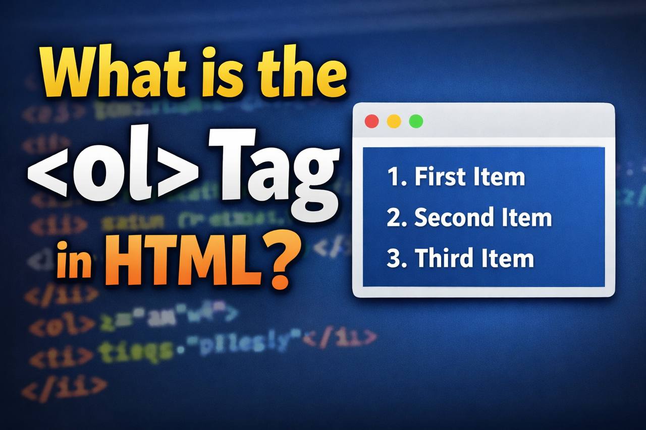 Illustration of HTML tag showing an ordered list with numbered steps displayed on a laptop screen.