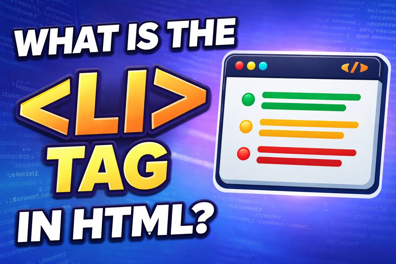 Illustration of HTML tag showing list items inside ordered and unordered lists on a laptop screen.