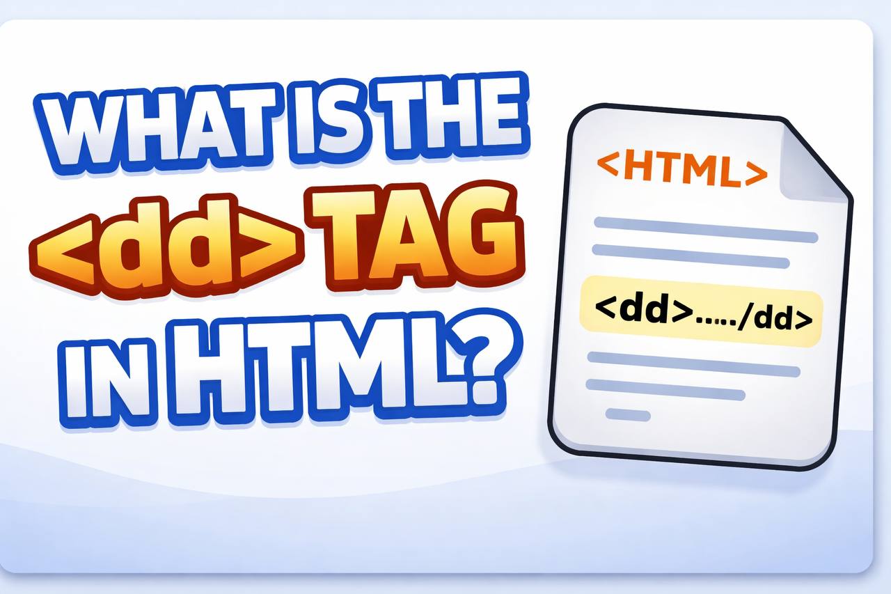 What is the dd tag in HTML thumbnail showing code example of dl dt and dd structure in a browser window