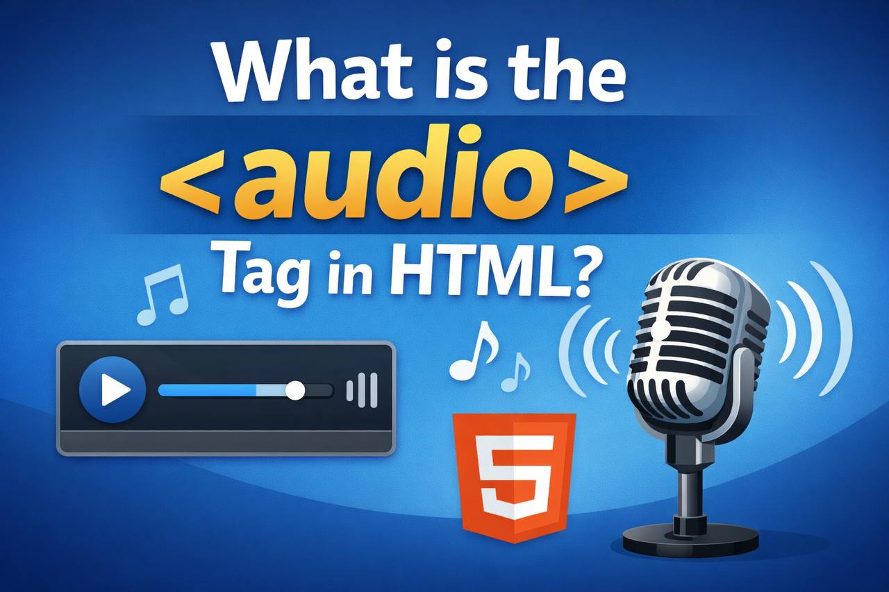 HTML audio tag showing audio player with play and pause controls in a web browser