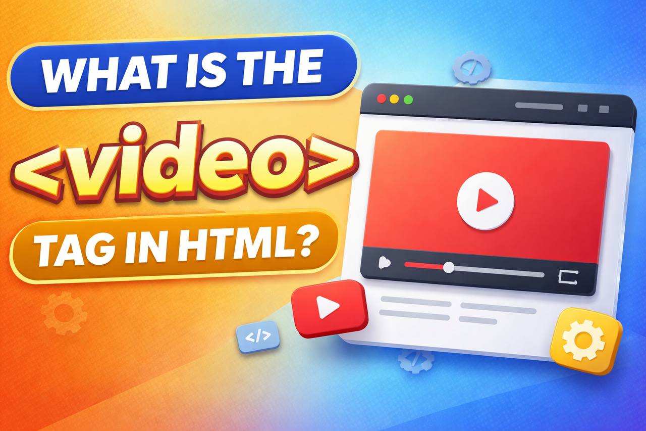 the text “What is the Tag in HTML?” with a clean blue background and a video player icon.
