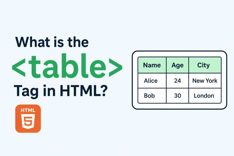 What is the <table> Tag in HTML? “What is the Tag in HTML?” with a table grid layout icon on a clean background.