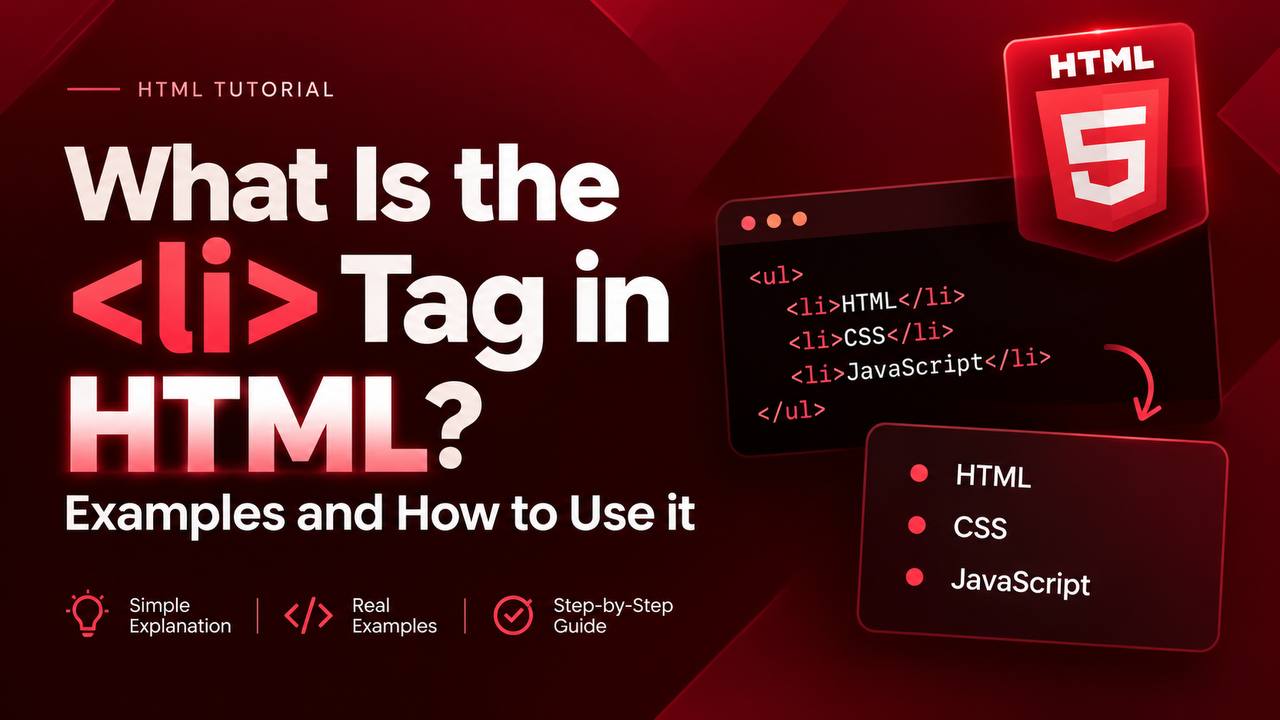 HTML tutorial showing the tag used to create individual items in ordered and unordered lists.