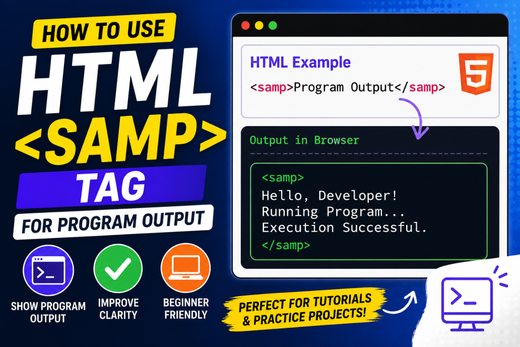 HTML tutorial thumbnail showing the tag displaying computer program output in a terminal-style window, designed for beginner web developers learning semantic HTML.