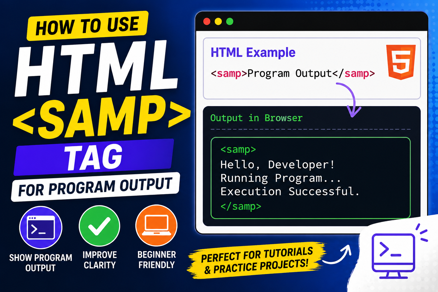 HTML tutorial thumbnail showing the tag displaying computer program output in a terminal-style window, designed for beginner web developers learning semantic HTML.
