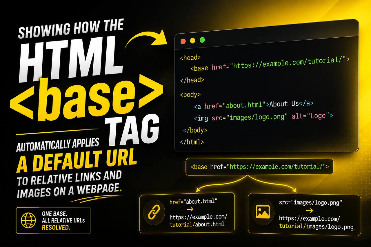 HTML tag example showing a webpage with relative links and images automatically using a default base URL to create complete web addresses.