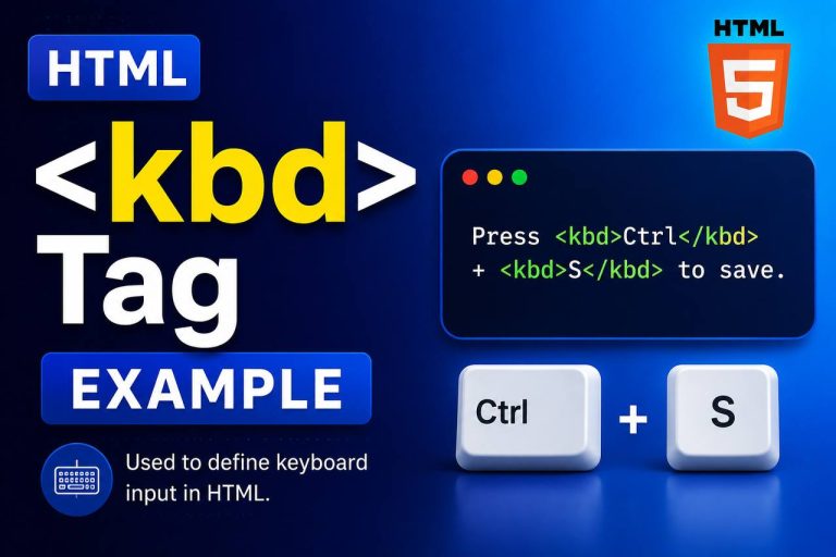 HTML tutorial graphic showing keyboard shortcut examples such as Ctrl+C, Ctrl+V, Enter, and Esc displayed using the tag to represent keyboard input.