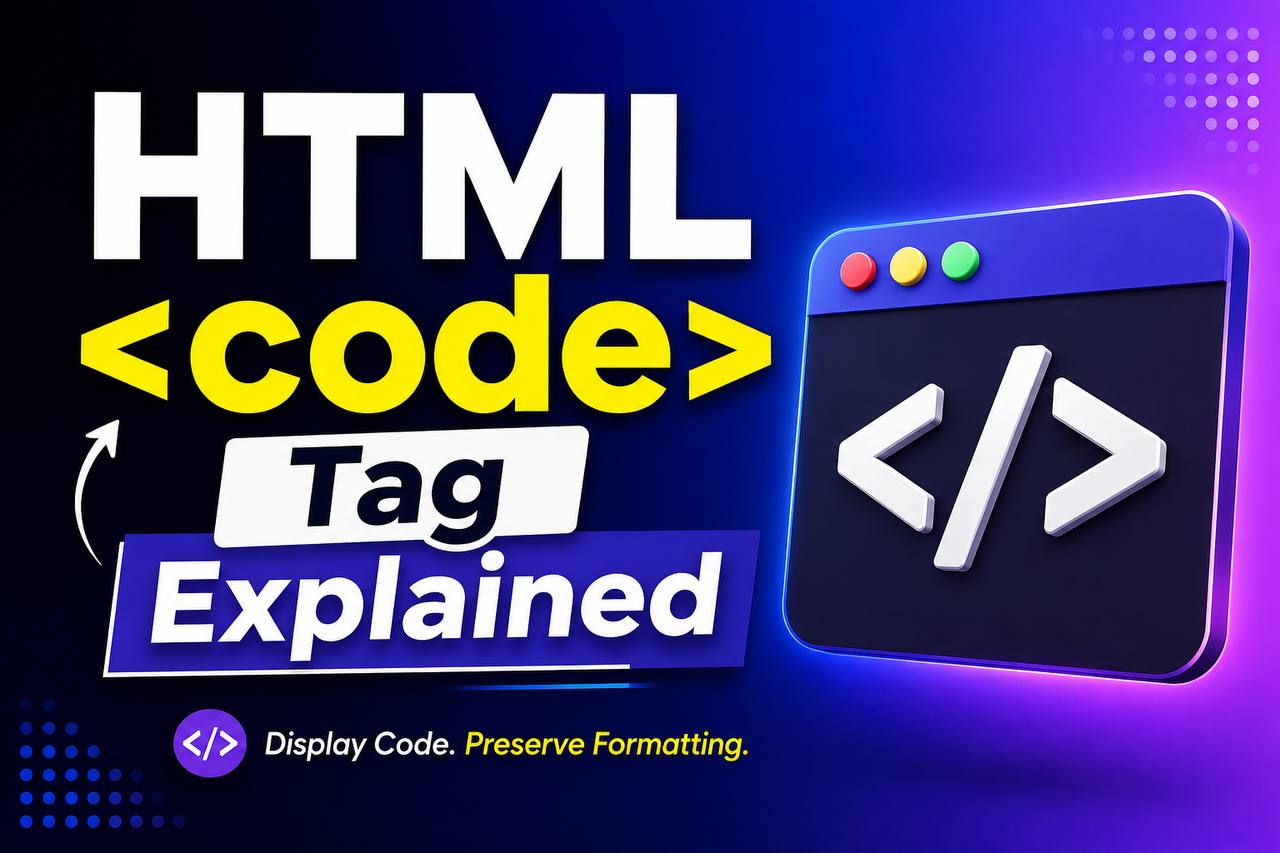 HTML tutorial illustration showing the tag highlighting programming code snippets, HTML tags, and commands within a webpage article.