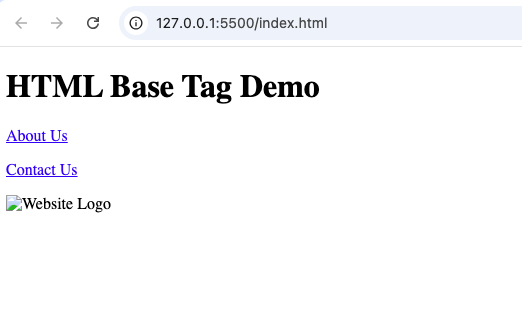 showing how the HTML <base> tag automatically applies a default URL to relative links and images on a webpage.